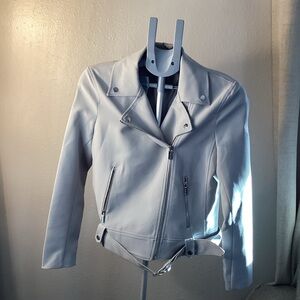 Tahari T Moto Light Blue (gray) Belted Jacket with zippers nwt medium